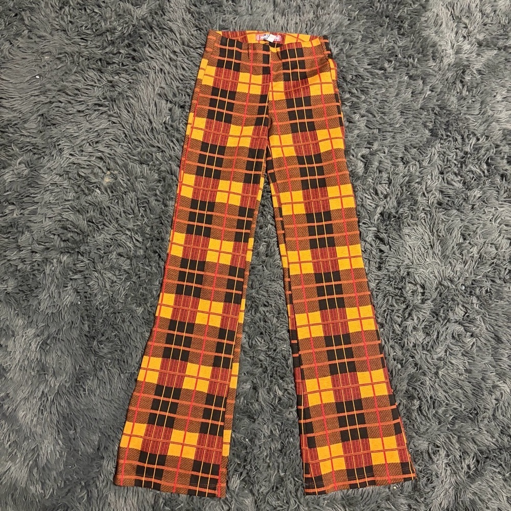High-Rise Plaid Flared Pants in Yellow & Red - Picture 6 of 10